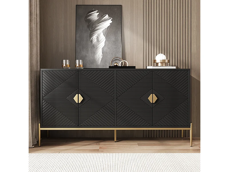Buffet avec 4 portes, motifs géométriques - Noir et doré