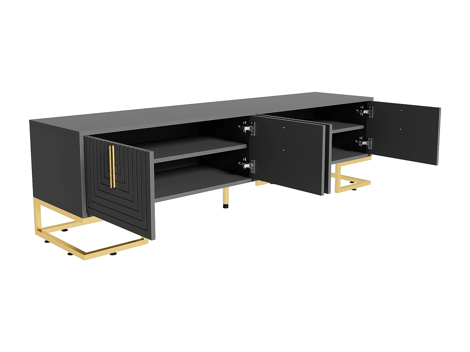 Meuble TV avec 4 portes, pieds dorés - Porte texturée - Gris