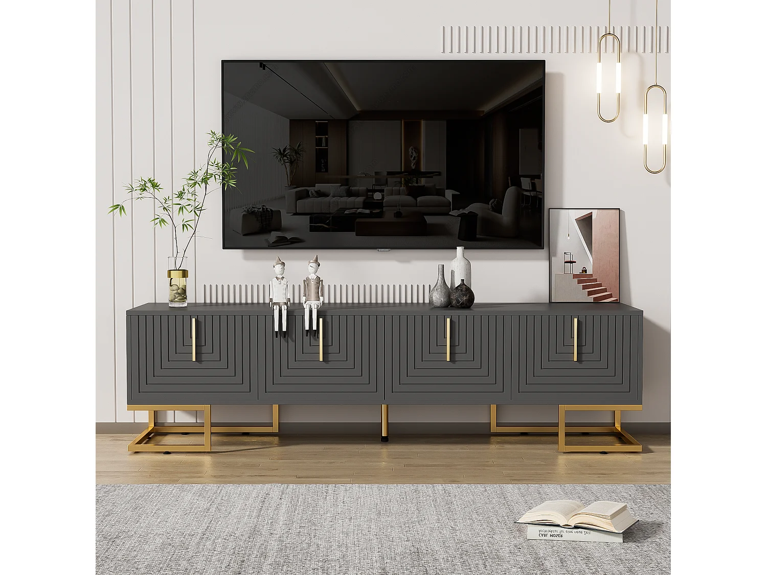 Meuble TV avec 4 portes, pieds dorés - Porte texturée - Gris