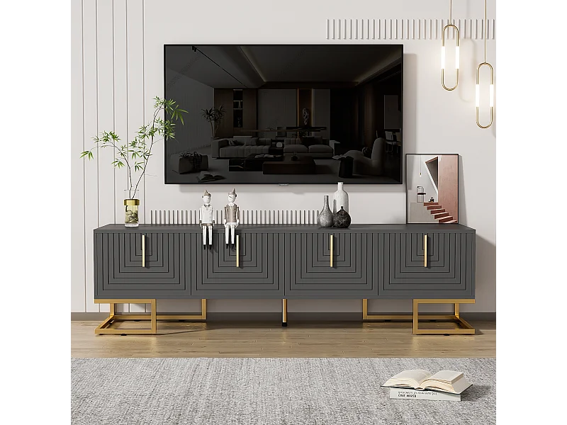 Meuble TV avec 4 portes, pieds dorés - Porte texturée - Gris