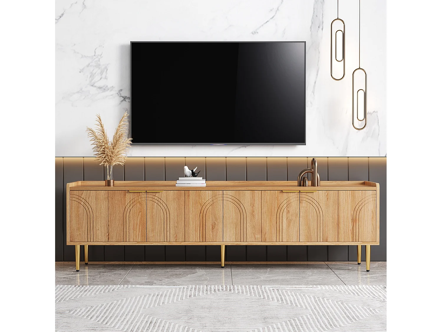 Meuble TV avec 4 portes texturées , pieds doré - Bois -Naturel