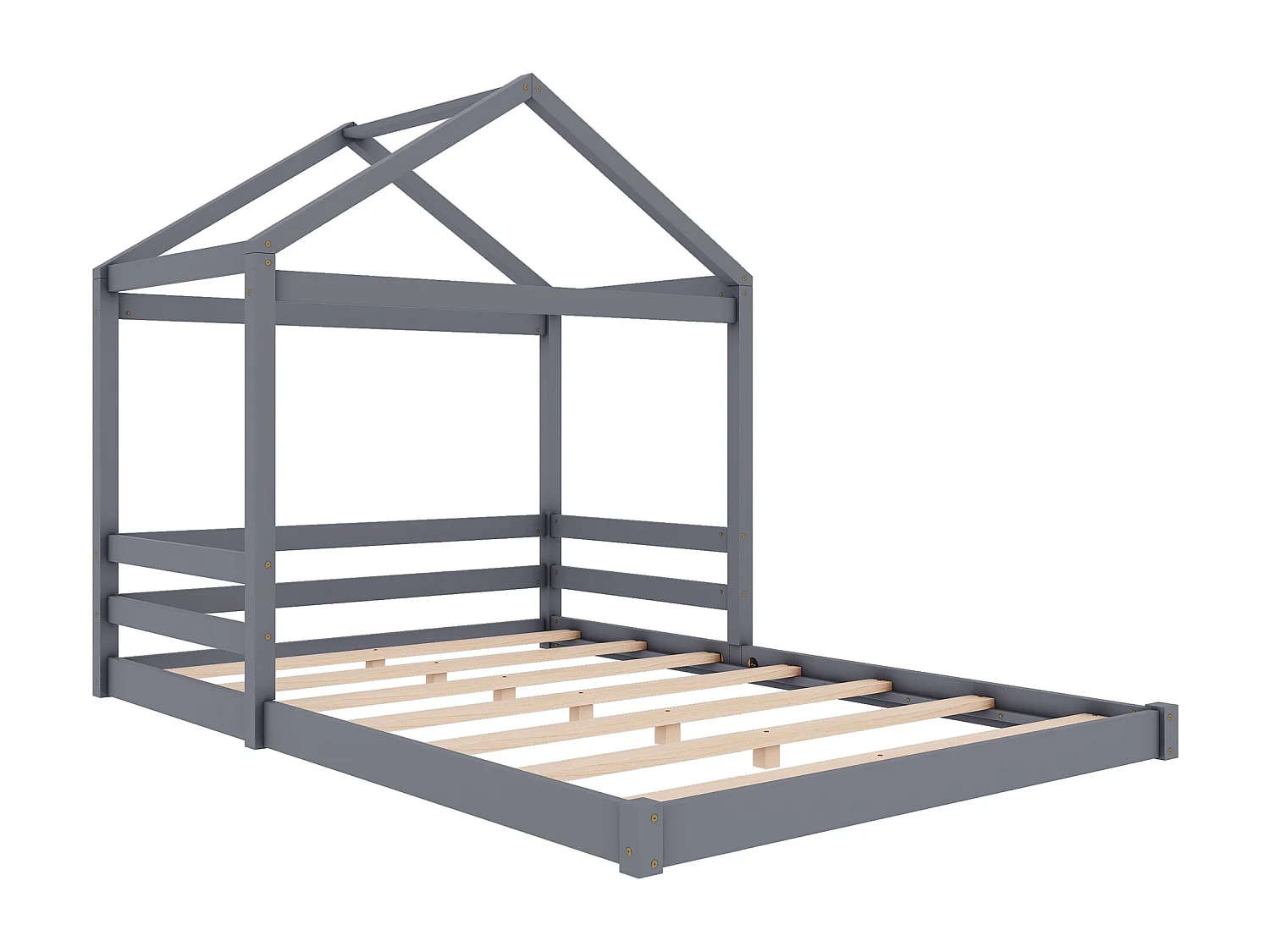 Lit cabane enfant 140x200cm avec sommier à lattes, pin et MDF, gris