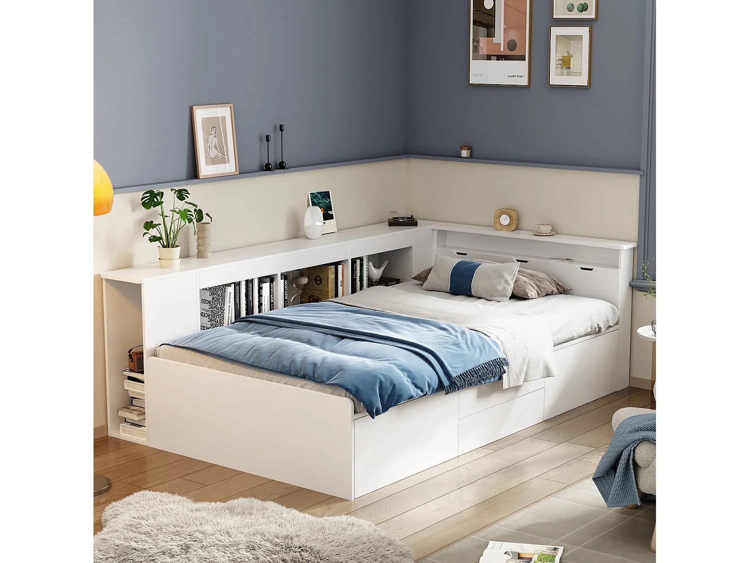 Lit banquette enfant 90x200cm avec 4 tiroirs et compartiments de rangement - MDF - Blanc