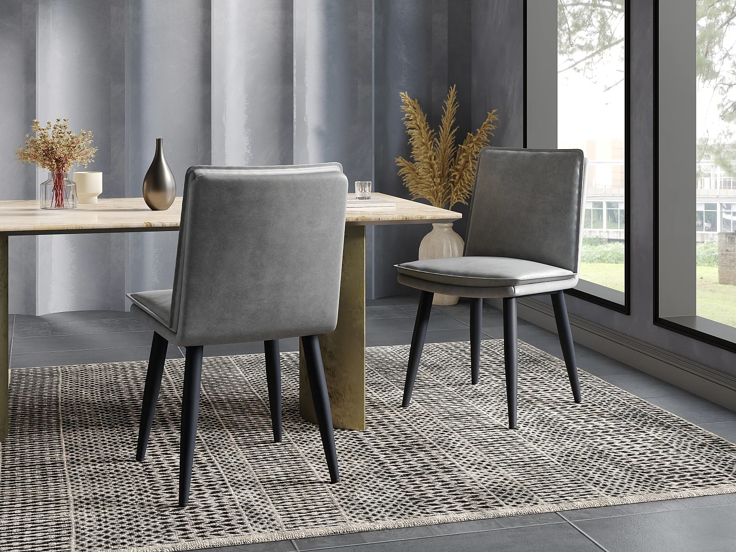 Lot de 2 chaises avec coussins d'assise à 2 couche - simili cuir PU et métal -Gris