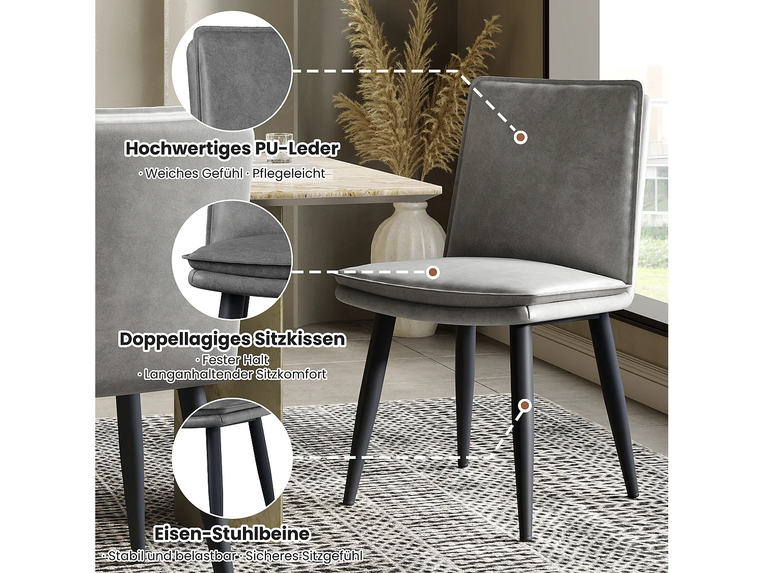 Lot de 2 chaises avec coussins d'assise à 2 couche - simili cuir PU et métal -Gris