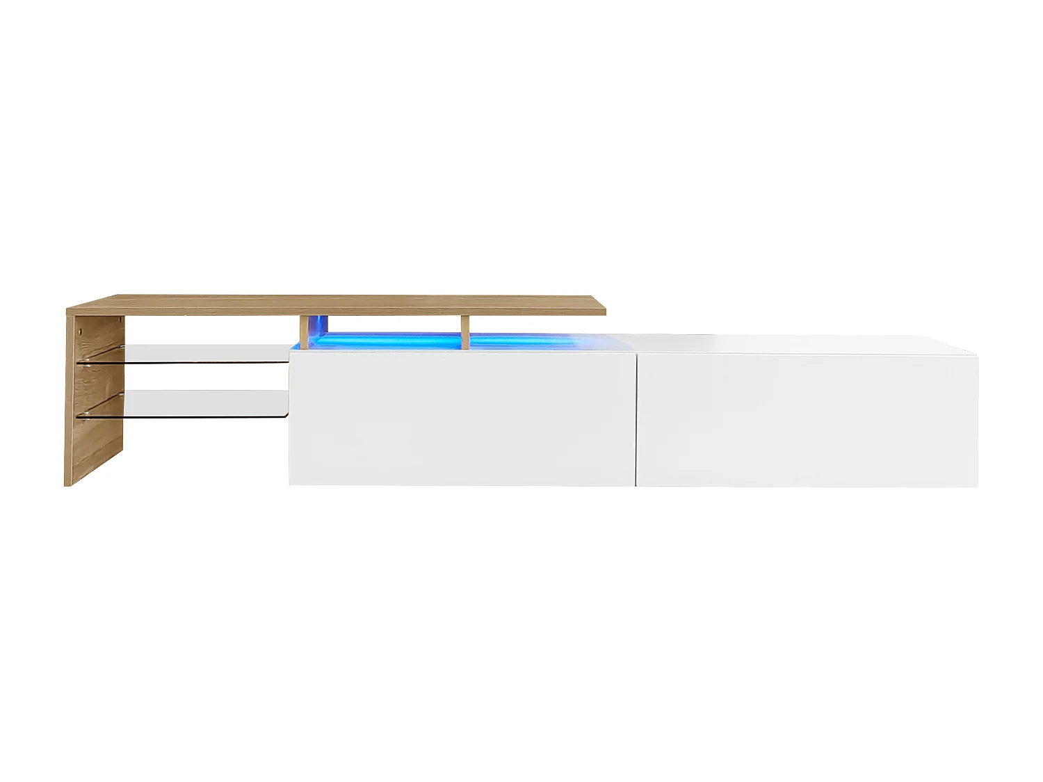Suporte para TV com 2 gavetas, 2 prateleiras em vidro e luzes LED, acabamento branco brilhante.