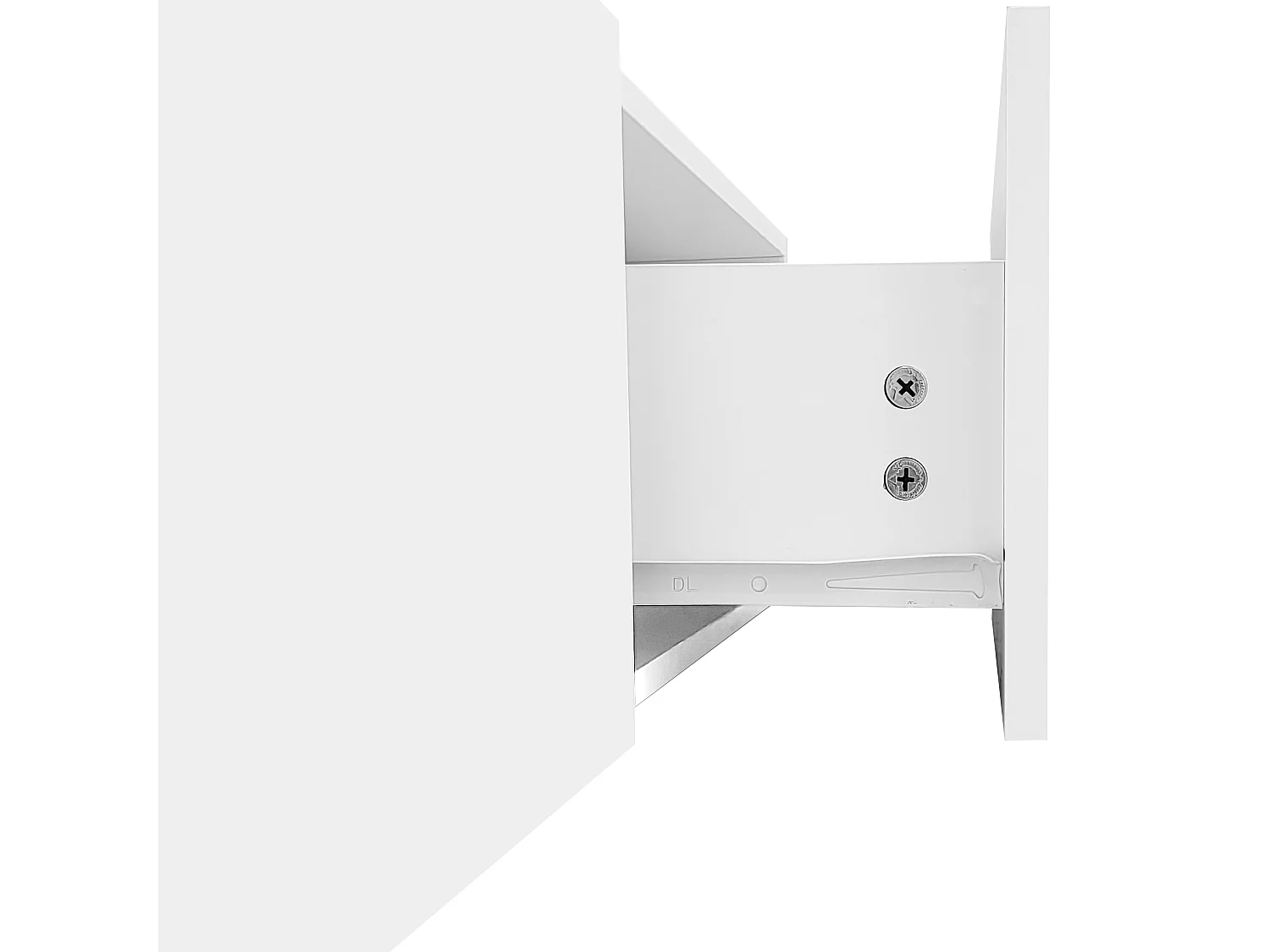 Suporte para TV com 2 gavetas, 2 prateleiras em vidro e luzes LED, acabamento branco brilhante.