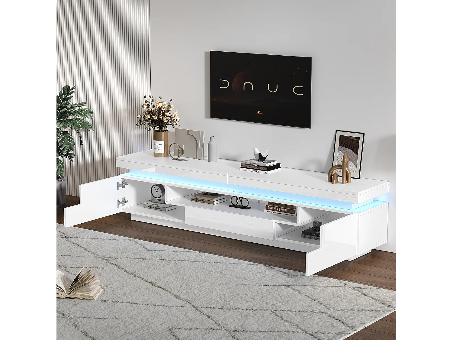 TV-meubel met LED-verlichting, 2 L-vormige deuren en een lade - glanzende afwerking - Wit