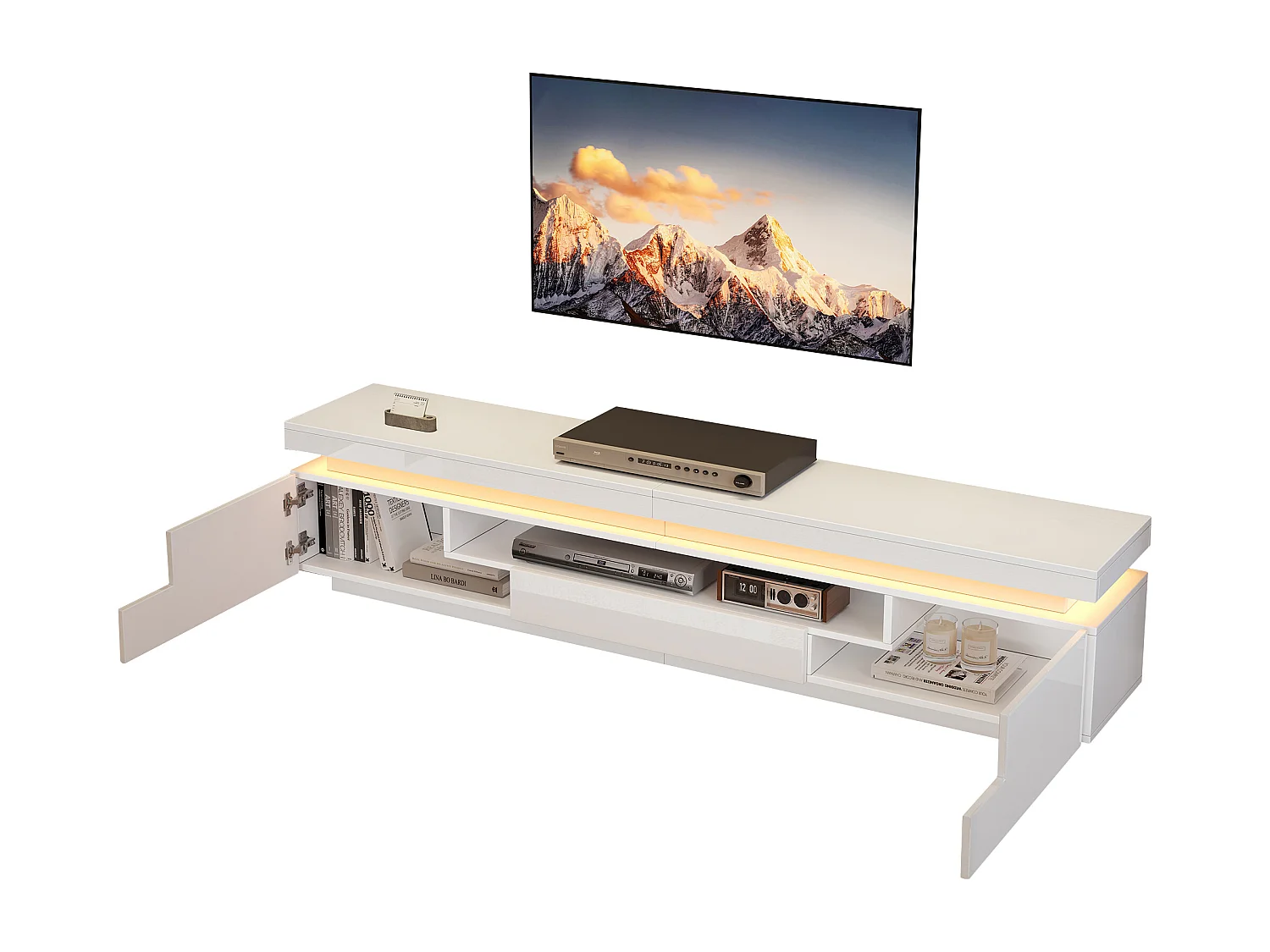 TV-meubel met LED-verlichting, 2 L-vormige deuren en een lade - glanzende afwerking - Wit