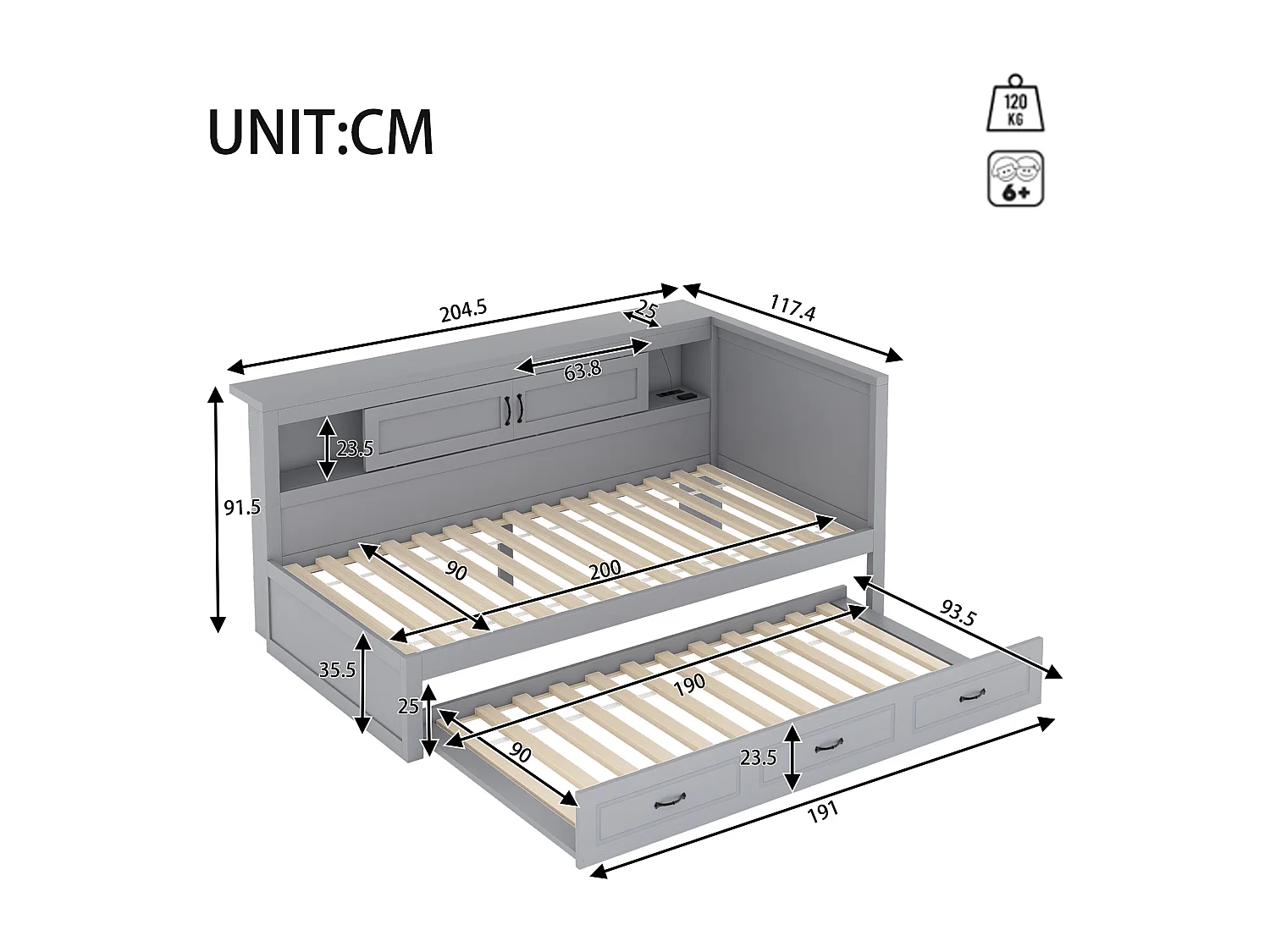 Daybed 90 x 200 cm met uitschuifbaar bed 90 x 190 cm - Met LED, USB en opbergruimte - Grijs