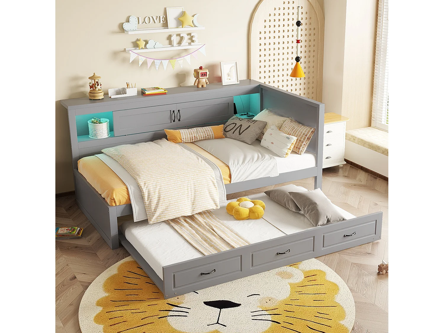 Lit banquette 90 x 200cm avec lit gigogne 90 x 190cm - Avec LED, USB et rangement - Gris