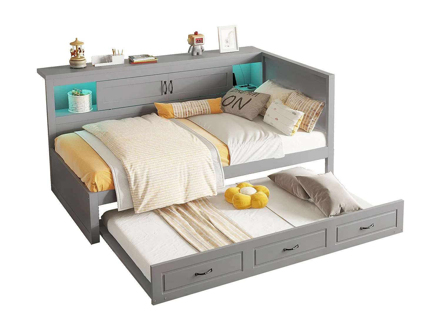 Lit banquette 90 x 200cm avec lit gigogne 90 x 190cm - Avec LED, USB et rangement - Gris