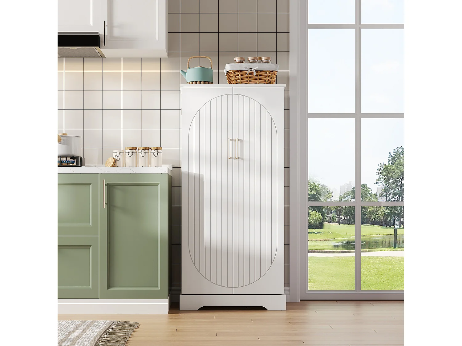 Keuken dressoir met 2 deuren en LED-detectie - Ovale verticale strepen - Wit