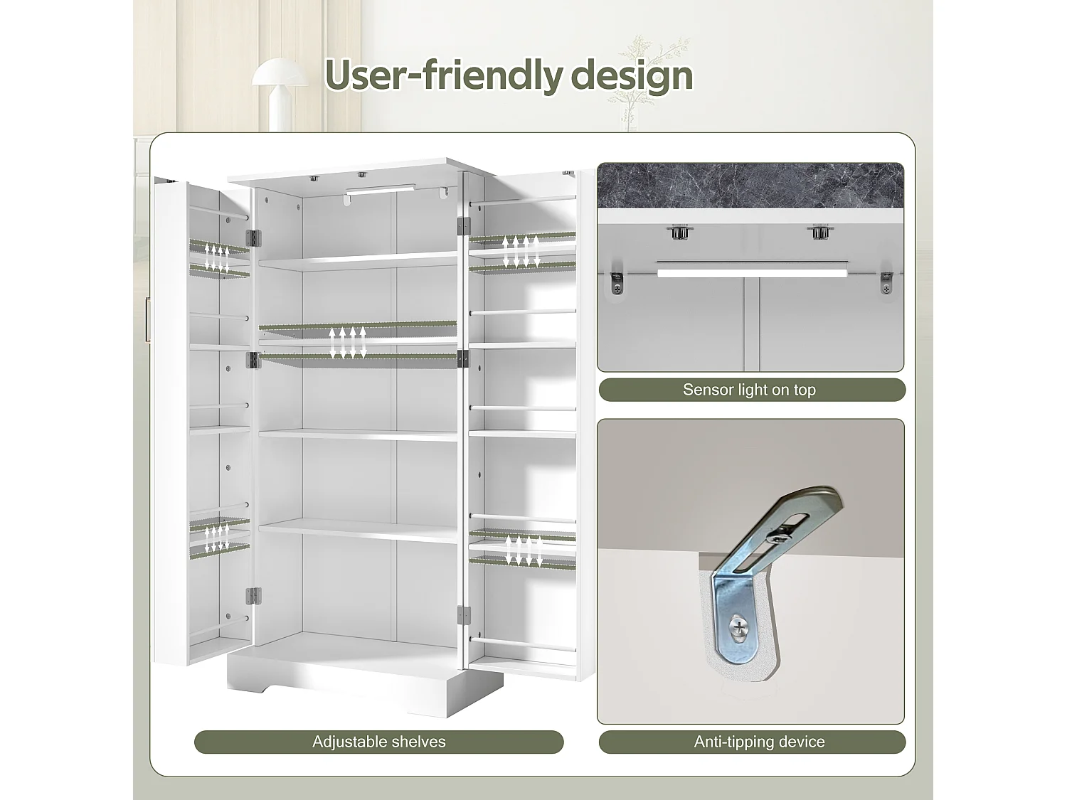Buffet de cuisine avec 2 portes et détection par LED - Rayures verticales ovales - Blanc