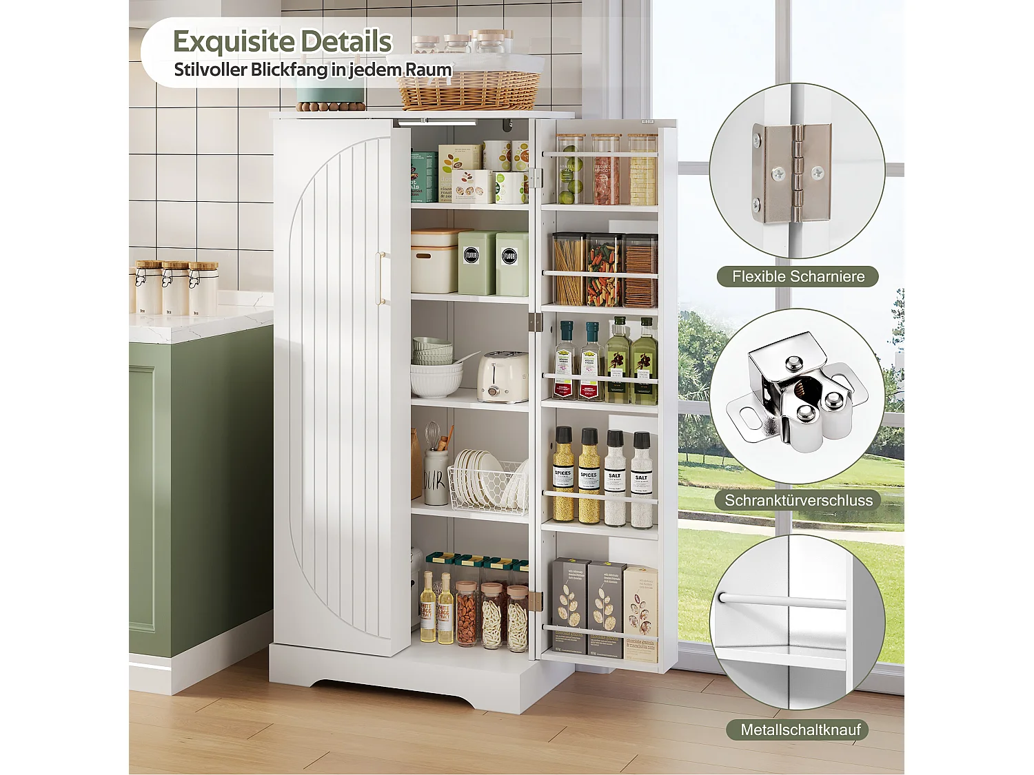 Buffet de cuisine avec 2 portes et détection par LED - Rayures verticales ovales - Blanc