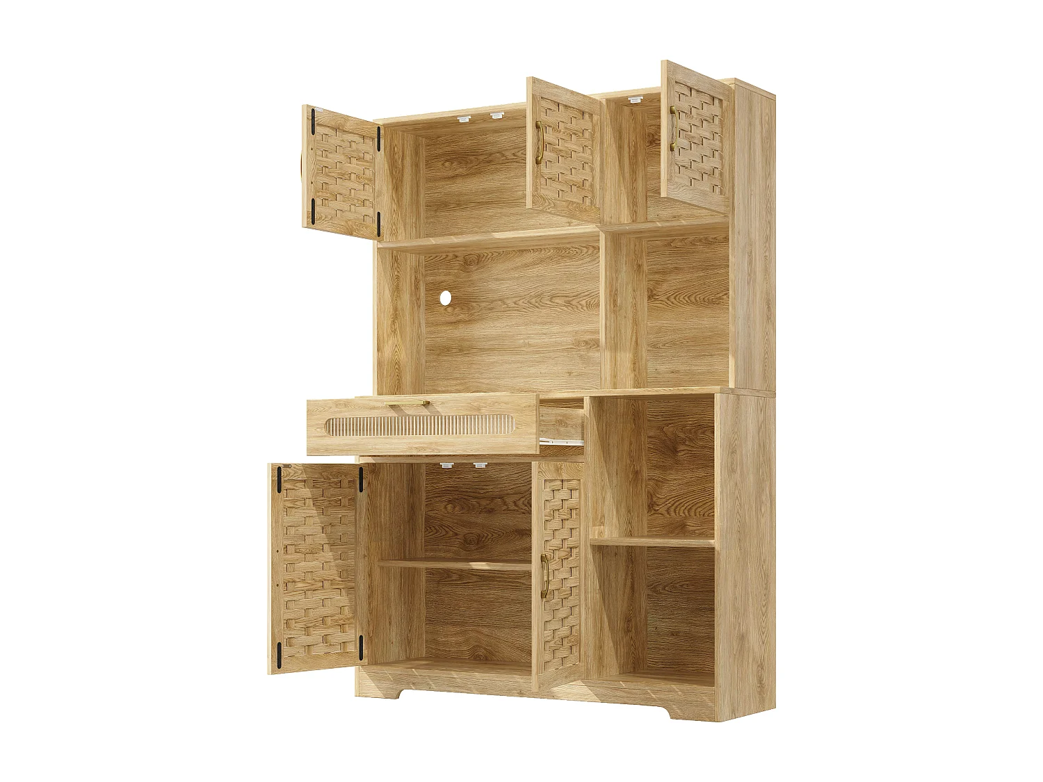 Keuken dressoir met LED verlichting, 5 deuren en lade - Geweven MDF deuren - Naturel