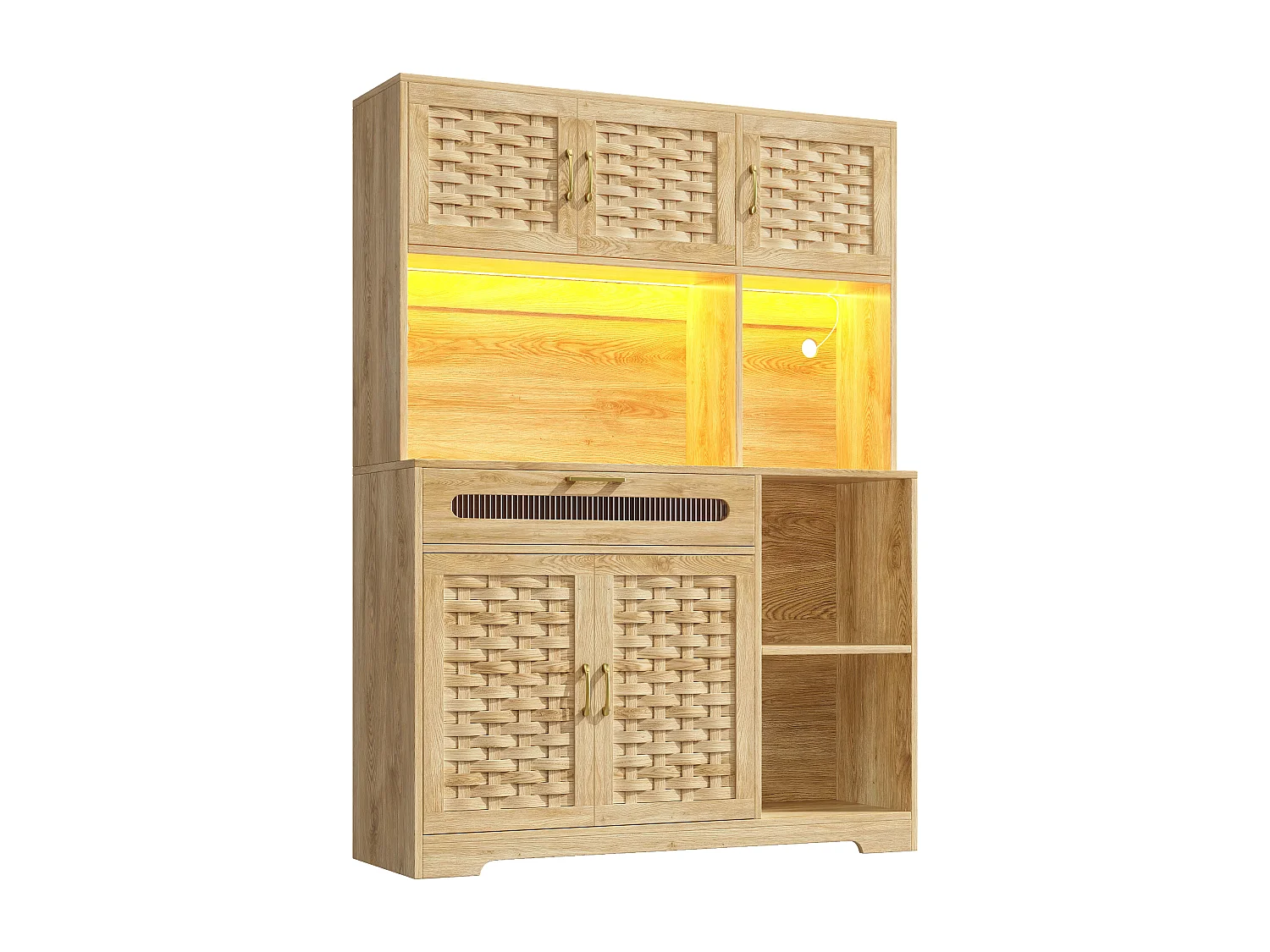 Keuken dressoir met LED verlichting, 5 deuren en lade - Geweven MDF deuren - Naturel
