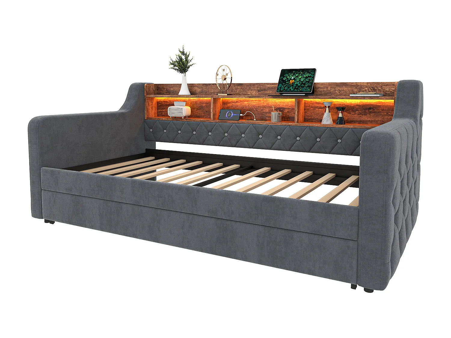 Divano letto con letto estraibile - 2 x 90 x 190 cm - LED e USB-C - Velluto grigio scuro