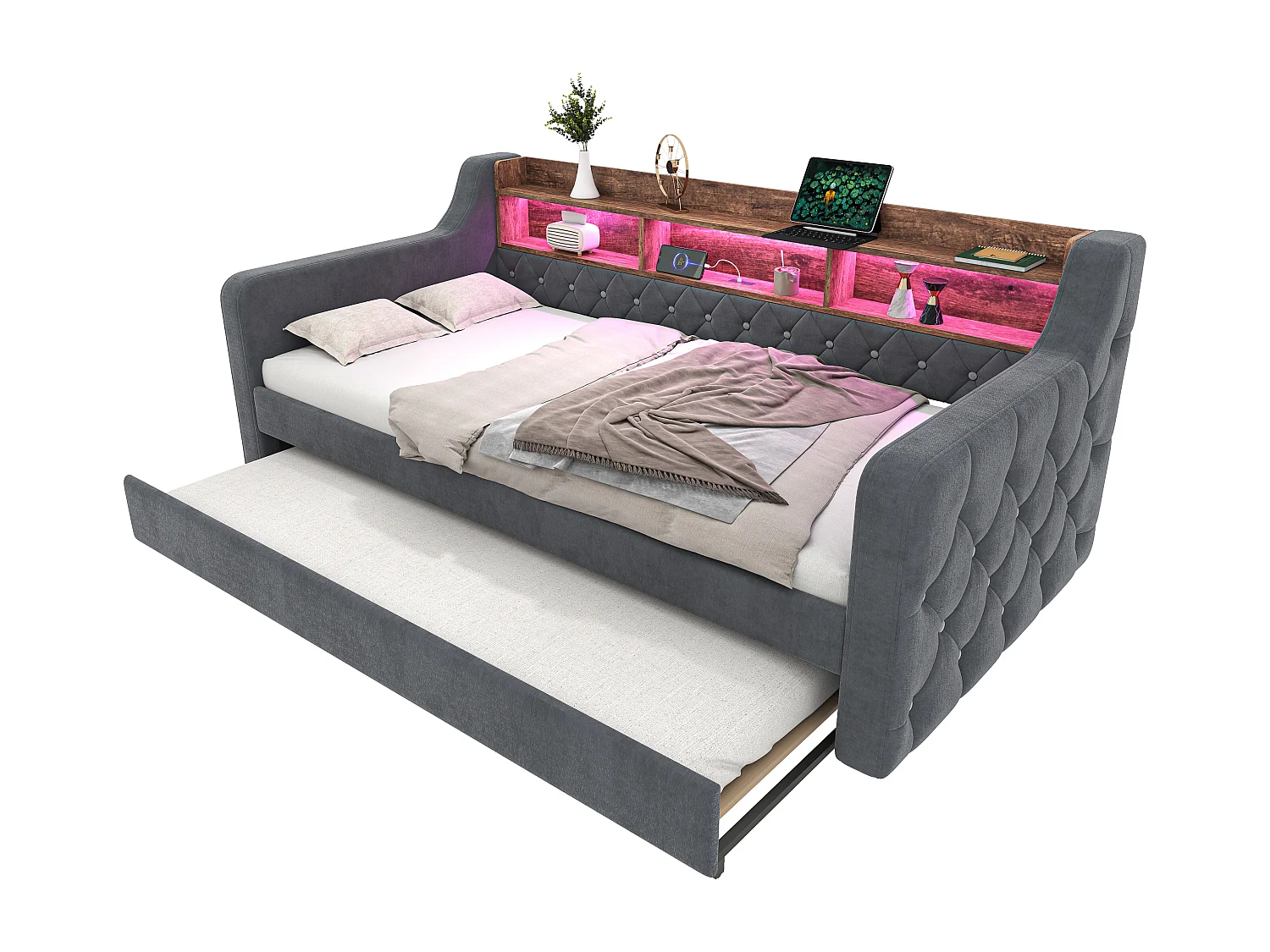 Divano letto con letto estraibile - 2 x 90 x 190 cm - LED e USB-C - Velluto grigio scuro