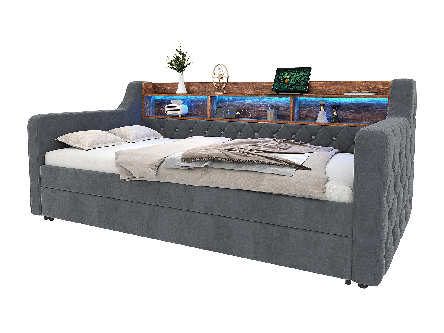 Divano letto con letto estraibile - 2 x 90 x 190 cm - LED e USB-C - Velluto grigio scuro