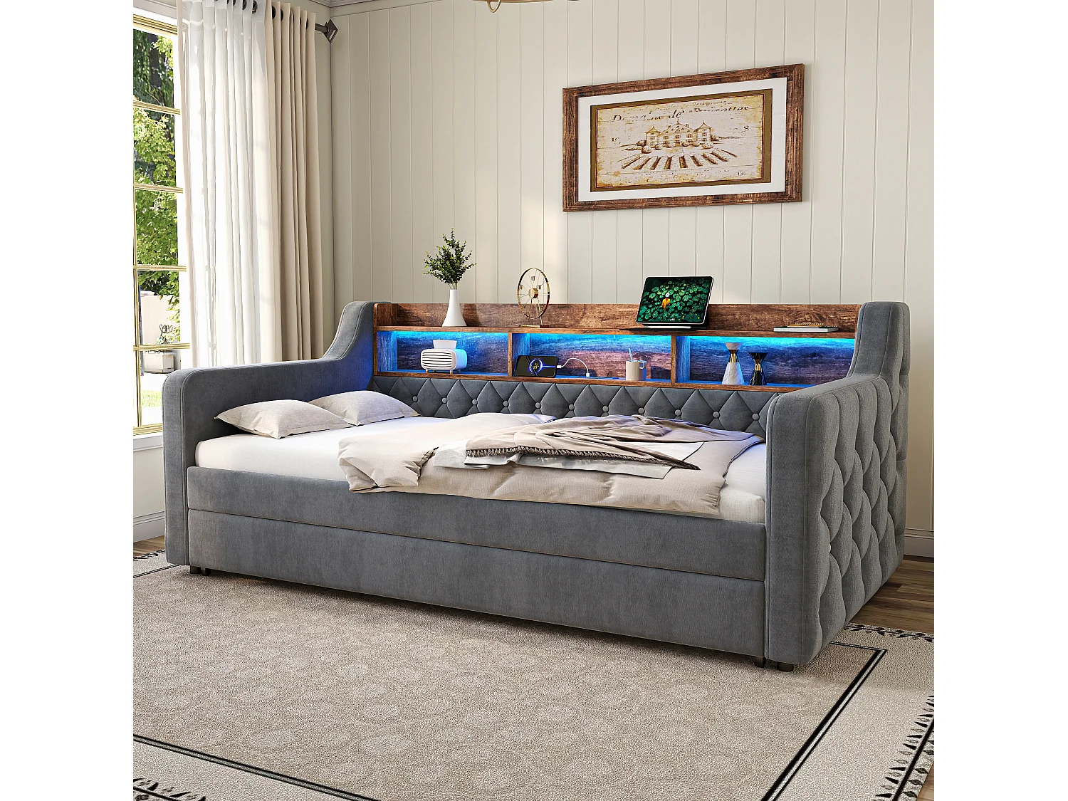 Lit banquette gigogne - 2 x 90 x 190 cm - LED et USB-C -Velours gris foncé