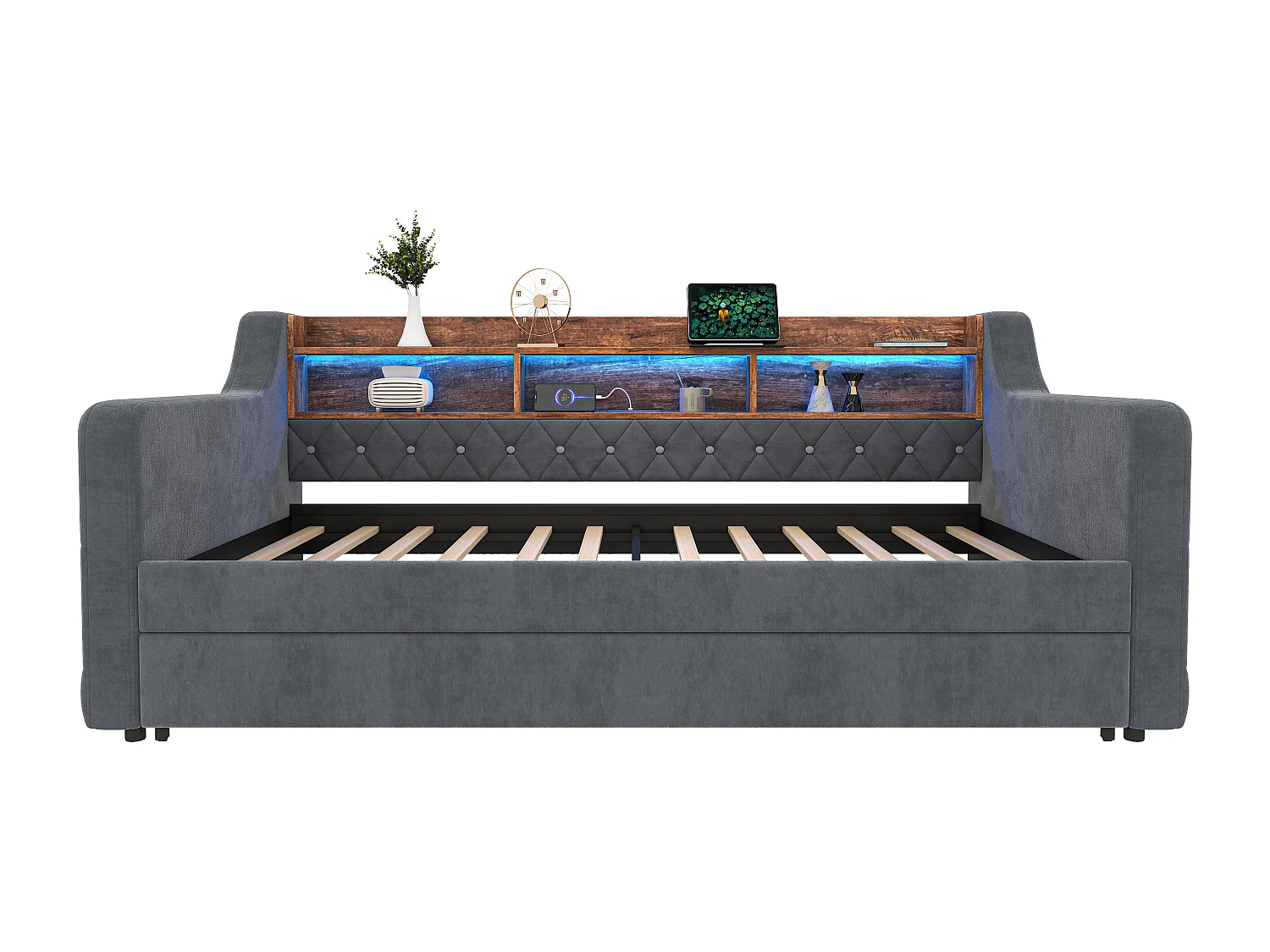 Lit banquette gigogne - 2 x 90 x 190 cm - LED et USB-C -Velours gris foncé