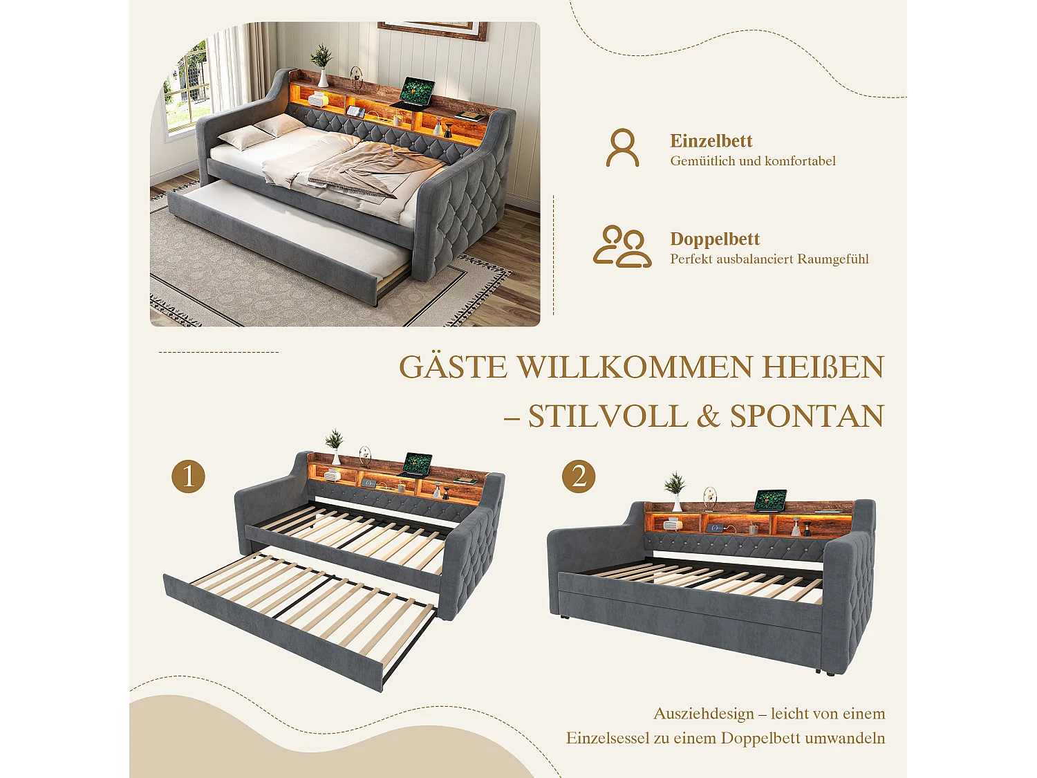 Lit banquette gigogne - 2 x 90 x 190 cm - LED et USB-C -Velours gris foncé