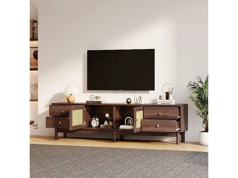 Suporte para TV com 2 portas e 4 gavetas, gestão de cabos, castanho