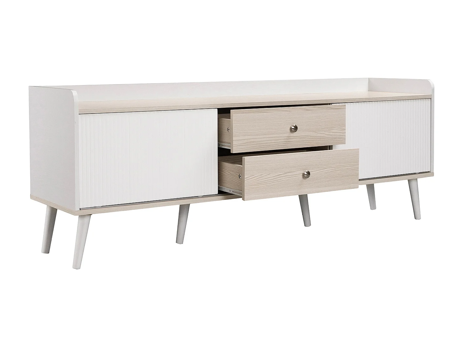 Mueble de TV con 2 cajones y 2 puertas correderas, puerta a rayas, blanco y madera