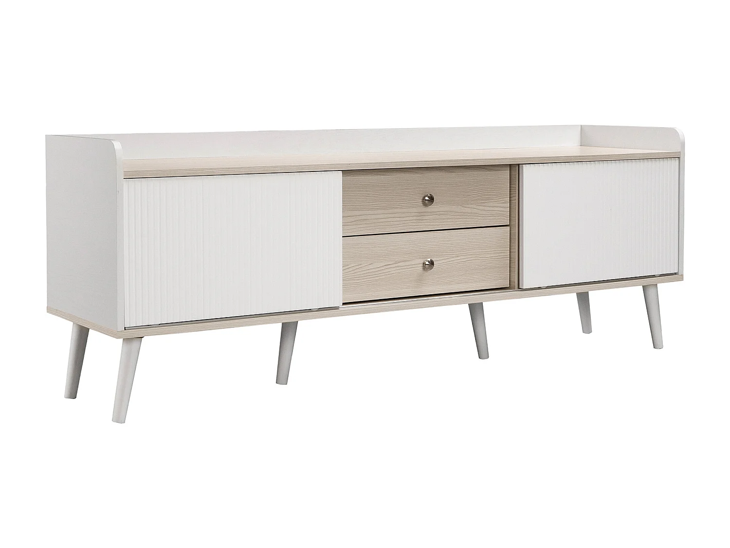 Meuble TV avec 2 tiroirs et 2 portes coulissantes, porte rayée, blanc et bois