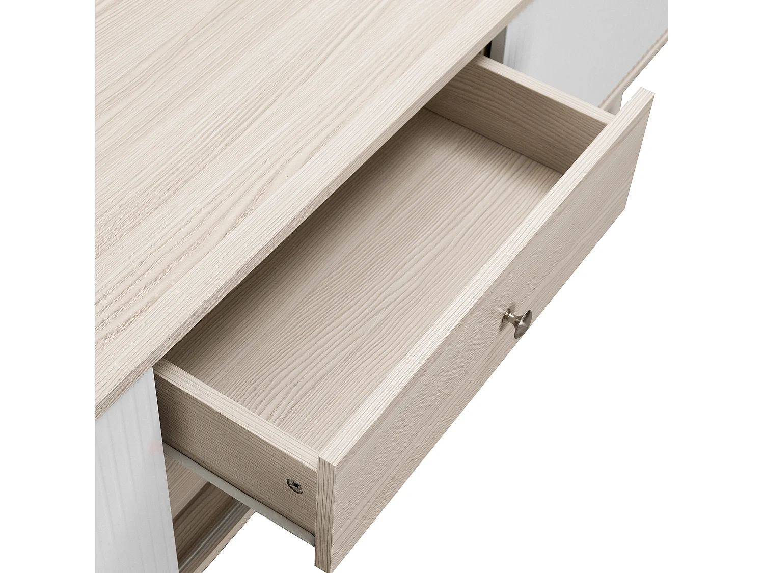 Meuble TV avec 2 tiroirs et 2 portes coulissantes, porte rayée, blanc et bois