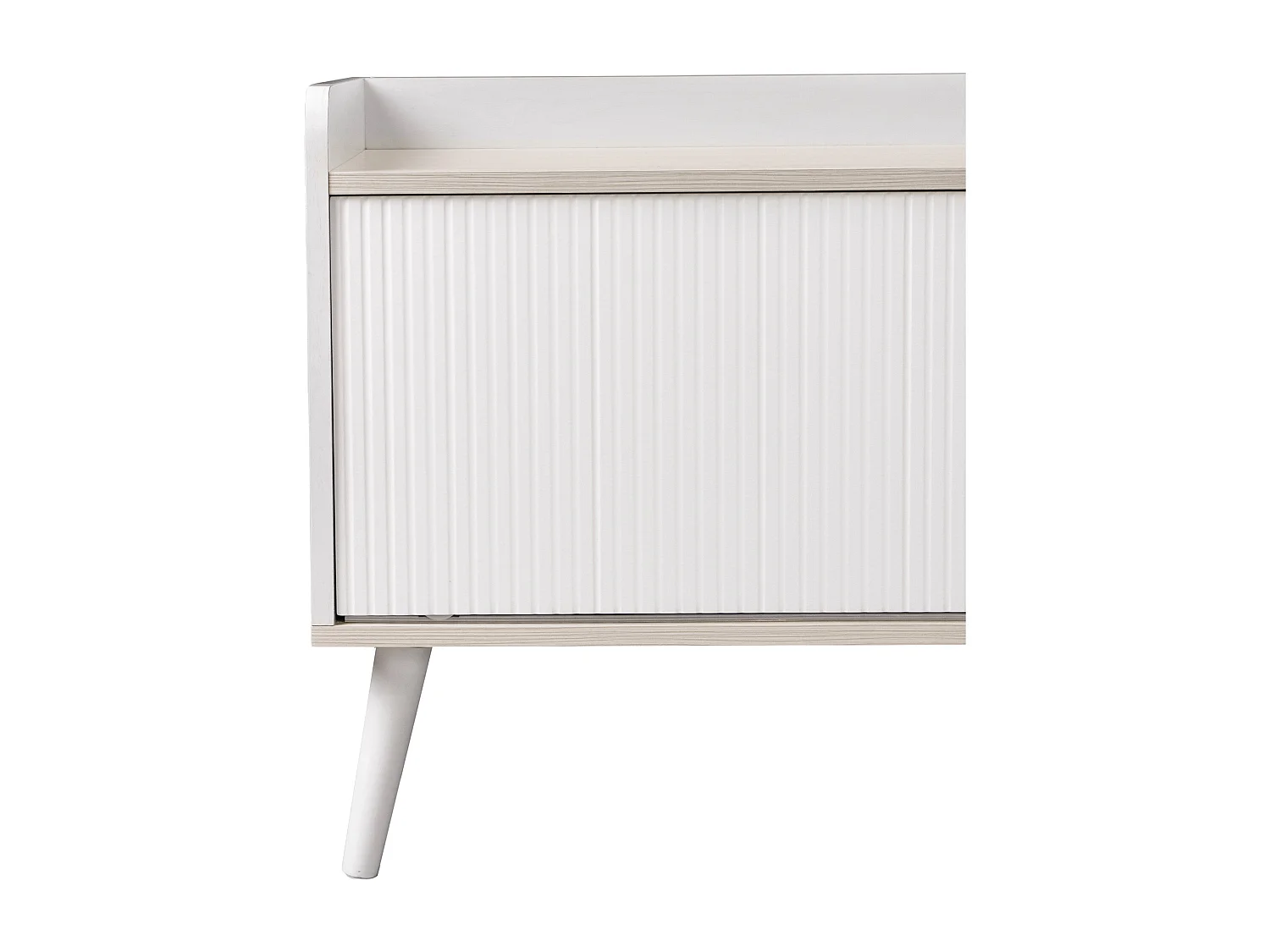 Meuble TV avec 2 tiroirs et 2 portes coulissantes, porte rayée, blanc et bois