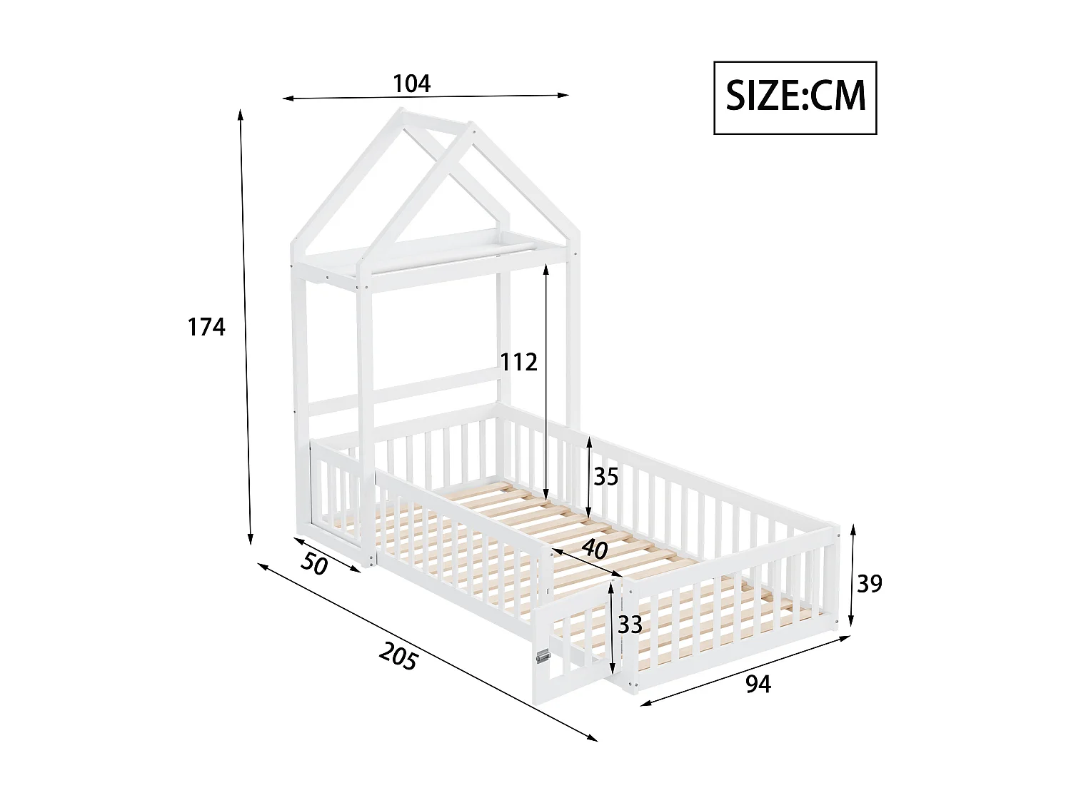 Lit enfant 90x200cm avec rangement et barrières de sécurité, sommier à lattes, blanc