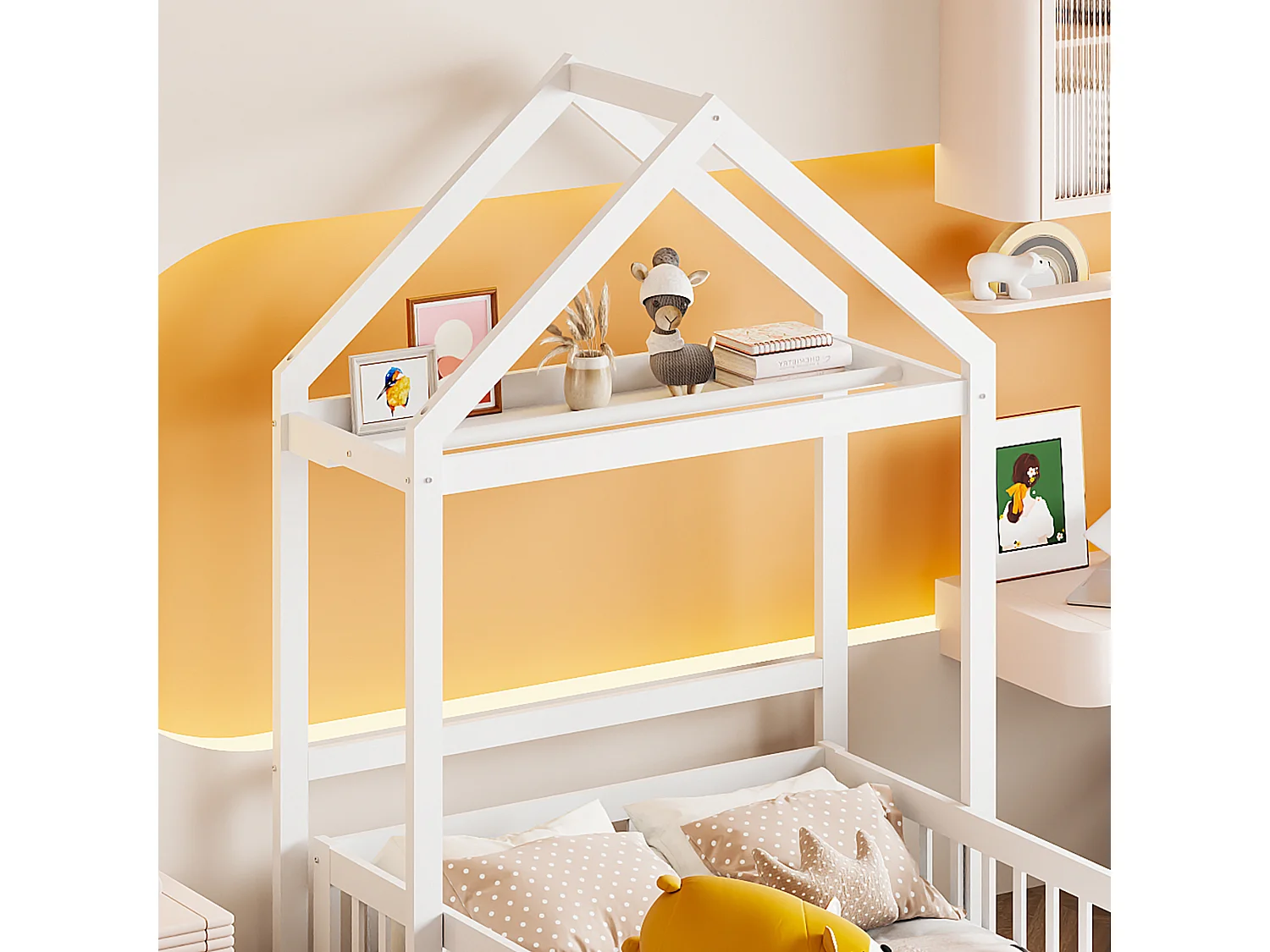 Lit enfant 90x200cm avec rangement et barrières de sécurité, sommier à lattes, blanc