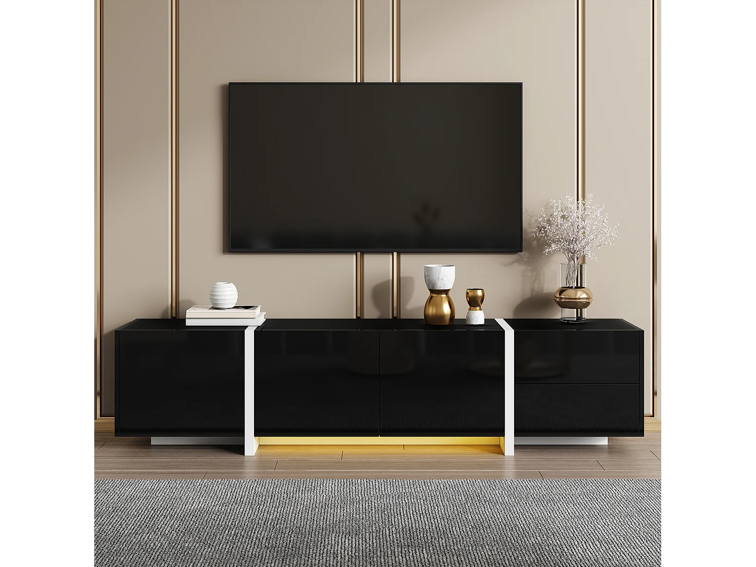 Suporte para TV com 4 portas e 1 gaveta, pés pretos, acabamento brilhante, preto