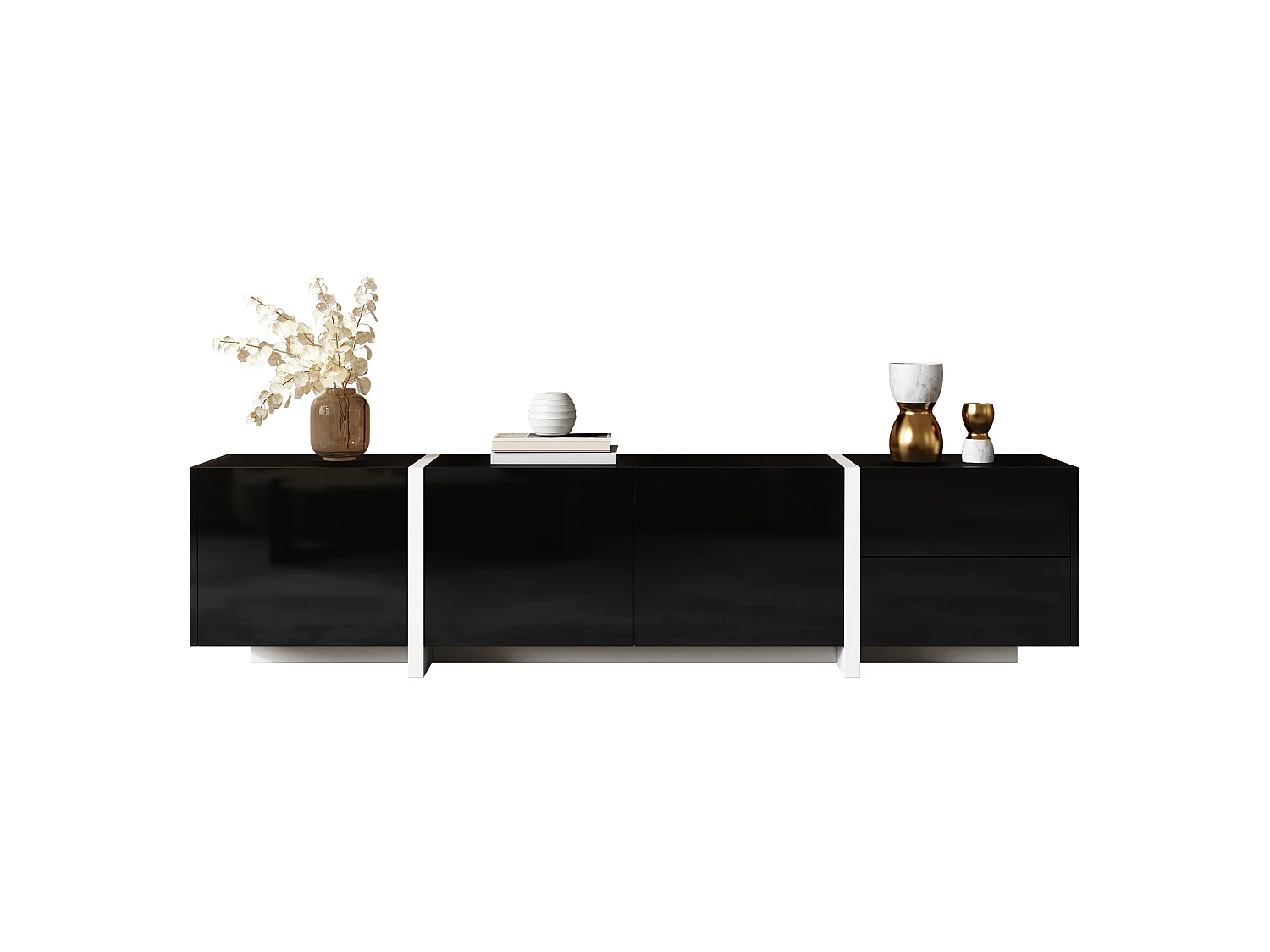 Meuble TV avec 4 portes et 1 tiroir, pieds noirs, finition brillante , noir