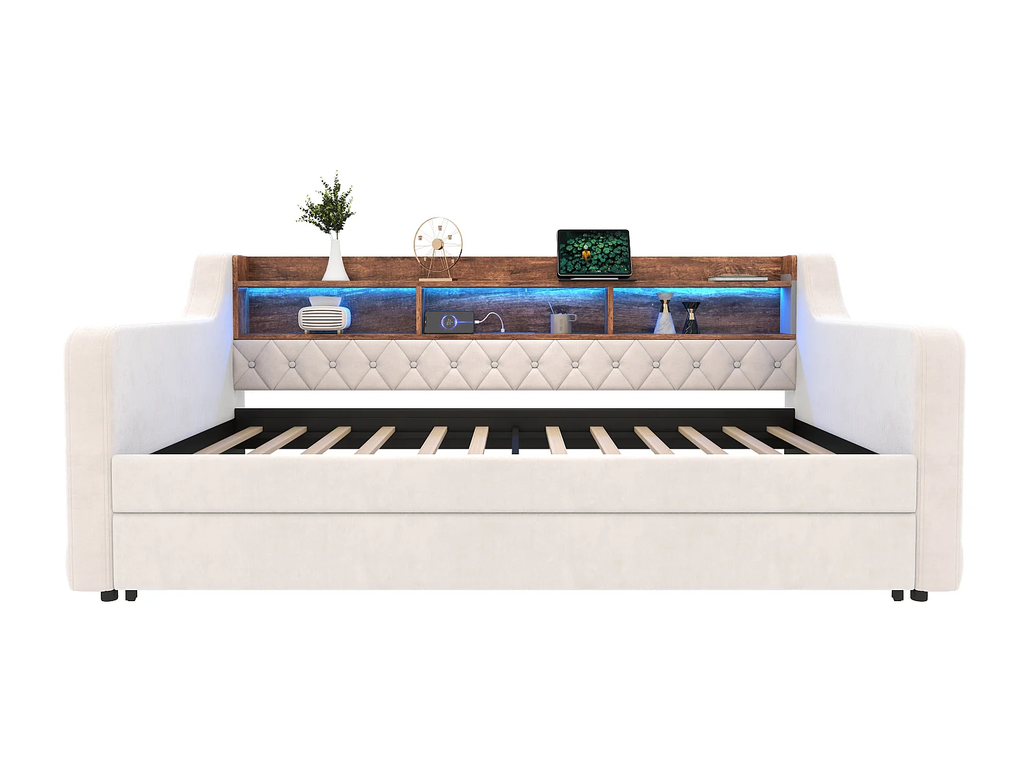 Lit banquette gigogne - 2 x 90 x 190 cm - LED et USB-C -Velours beige