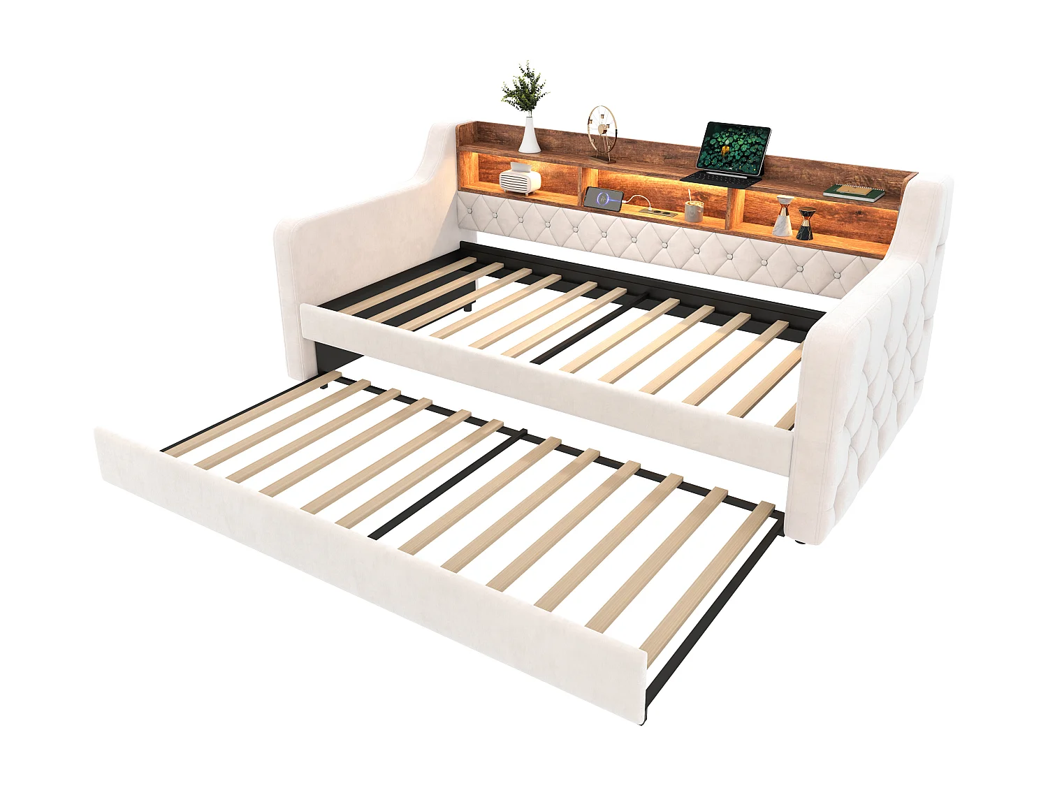 Lit banquette gigogne - 2 x 90 x 190 cm - LED et USB-C -Velours beige