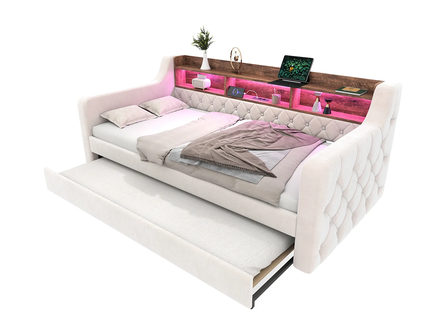 Lit banquette gigogne - 2 x 90 x 190 cm - LED et USB-C -Velours beige