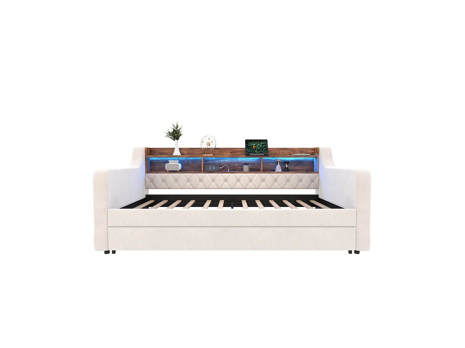 Daybed met uitschuifbaar bed - 2 x 90 x 190 cm - LED en USB-C - Beige fluweel