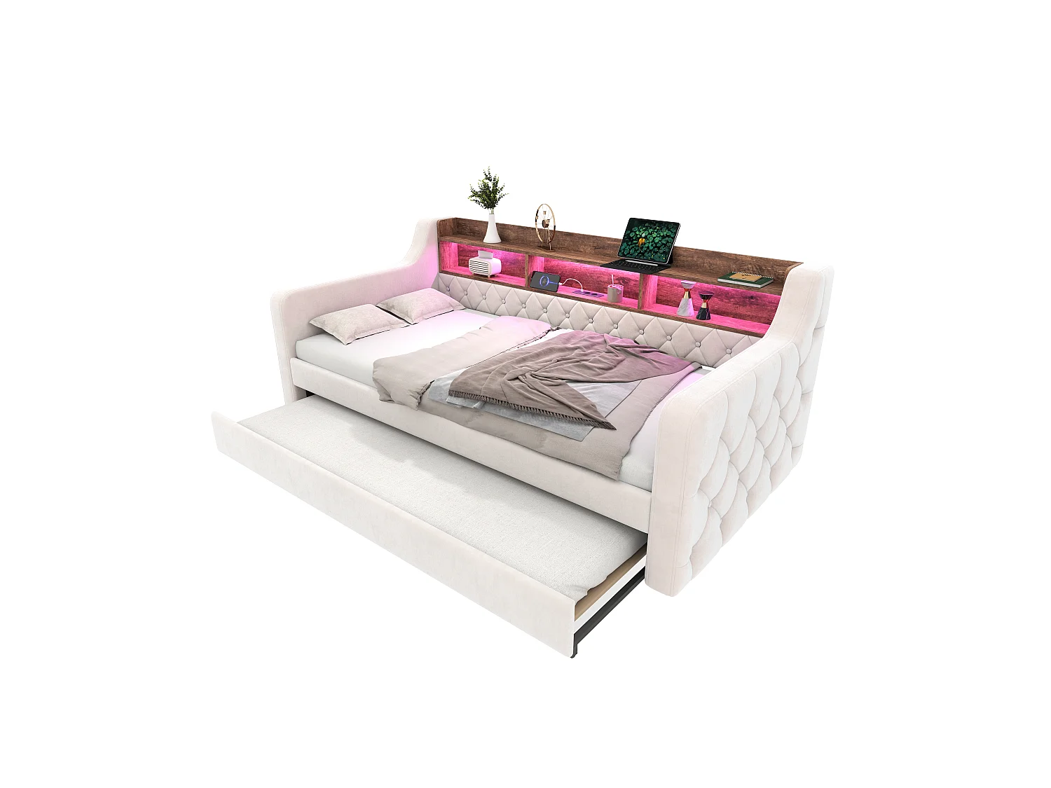 Daybed met uitschuifbaar bed - 2 x 90 x 190 cm - LED en USB-C - Beige fluweel