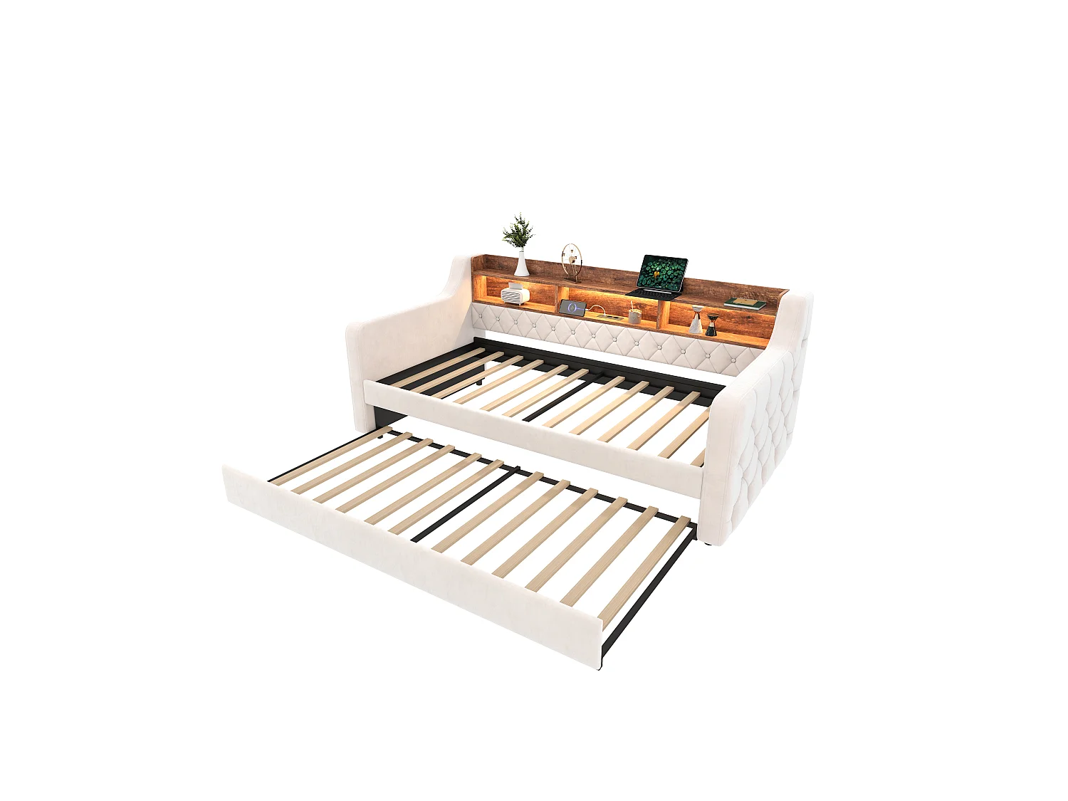 Daybed met uitschuifbaar bed - 2 x 90 x 190 cm - LED en USB-C - Beige fluweel