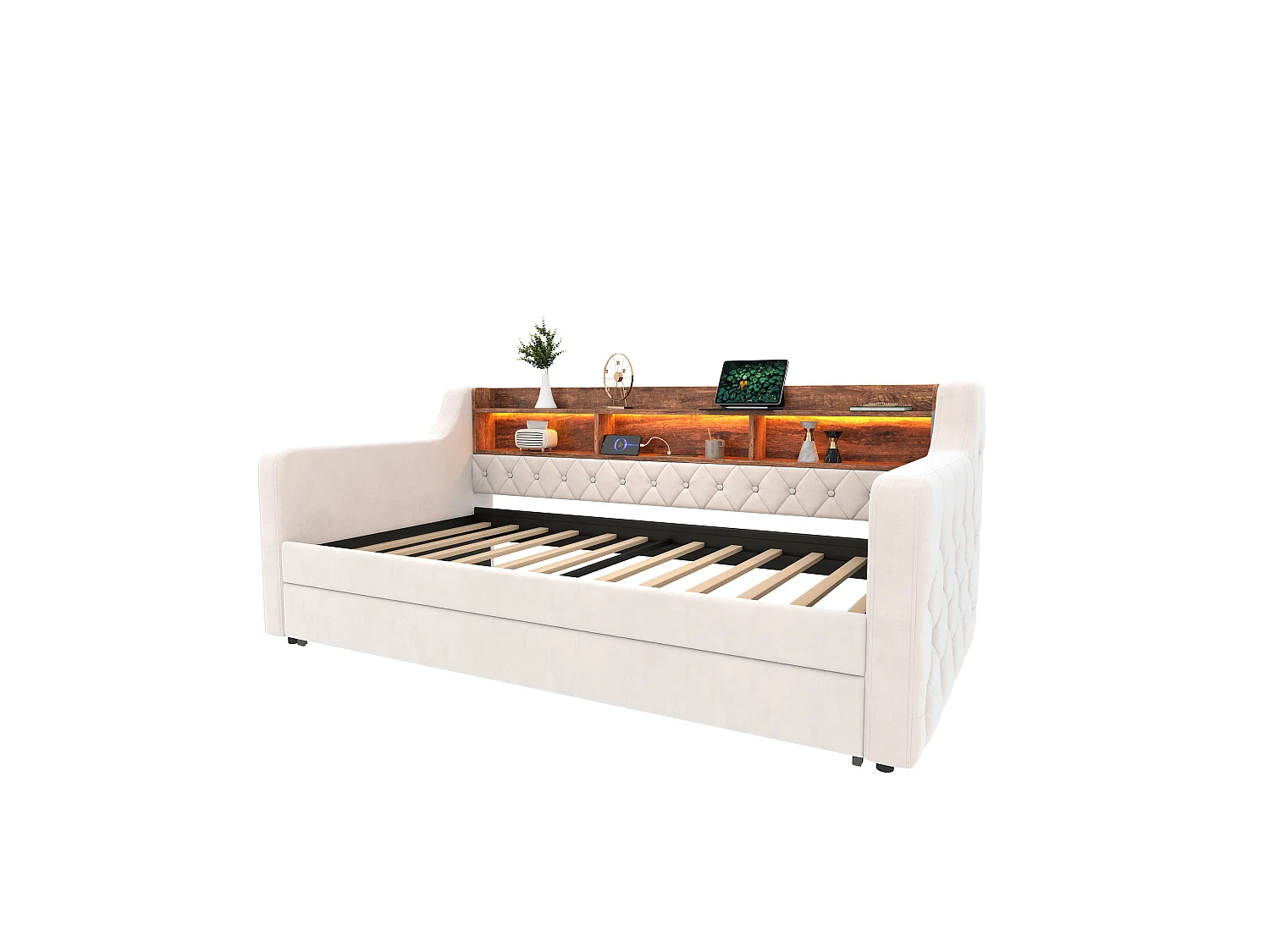 Daybed met uitschuifbaar bed - 2 x 90 x 190 cm - LED en USB-C - Beige fluweel