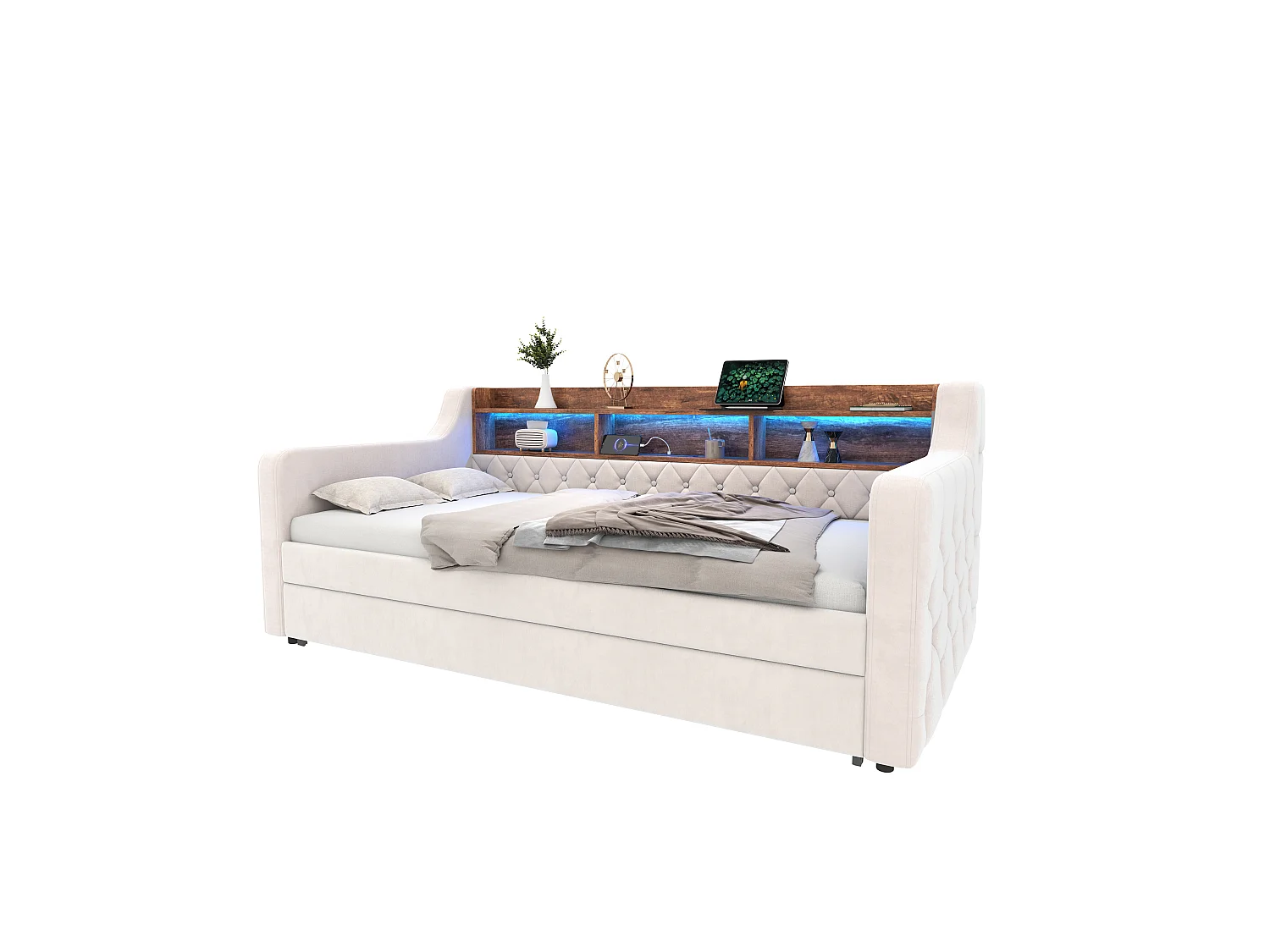 Daybed met uitschuifbaar bed - 2 x 90 x 190 cm - LED en USB-C - Beige fluweel