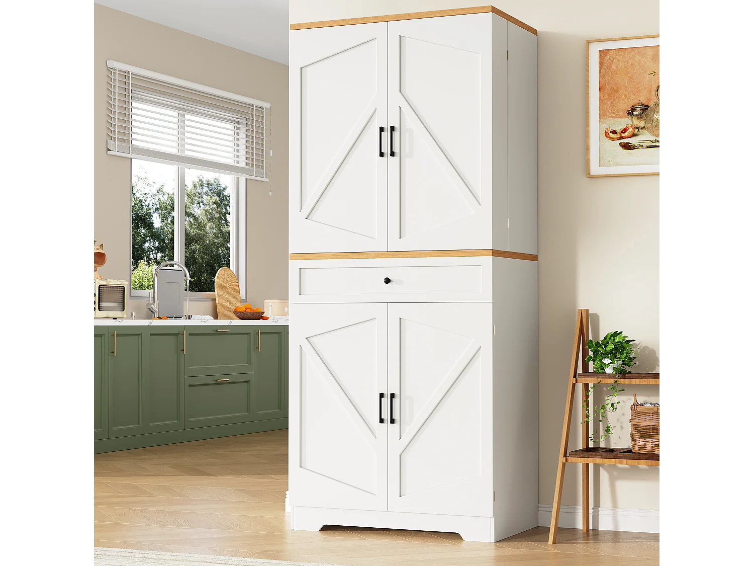 Buffet de cuisine avec 4 portes et tiroir - Blanc et naturel