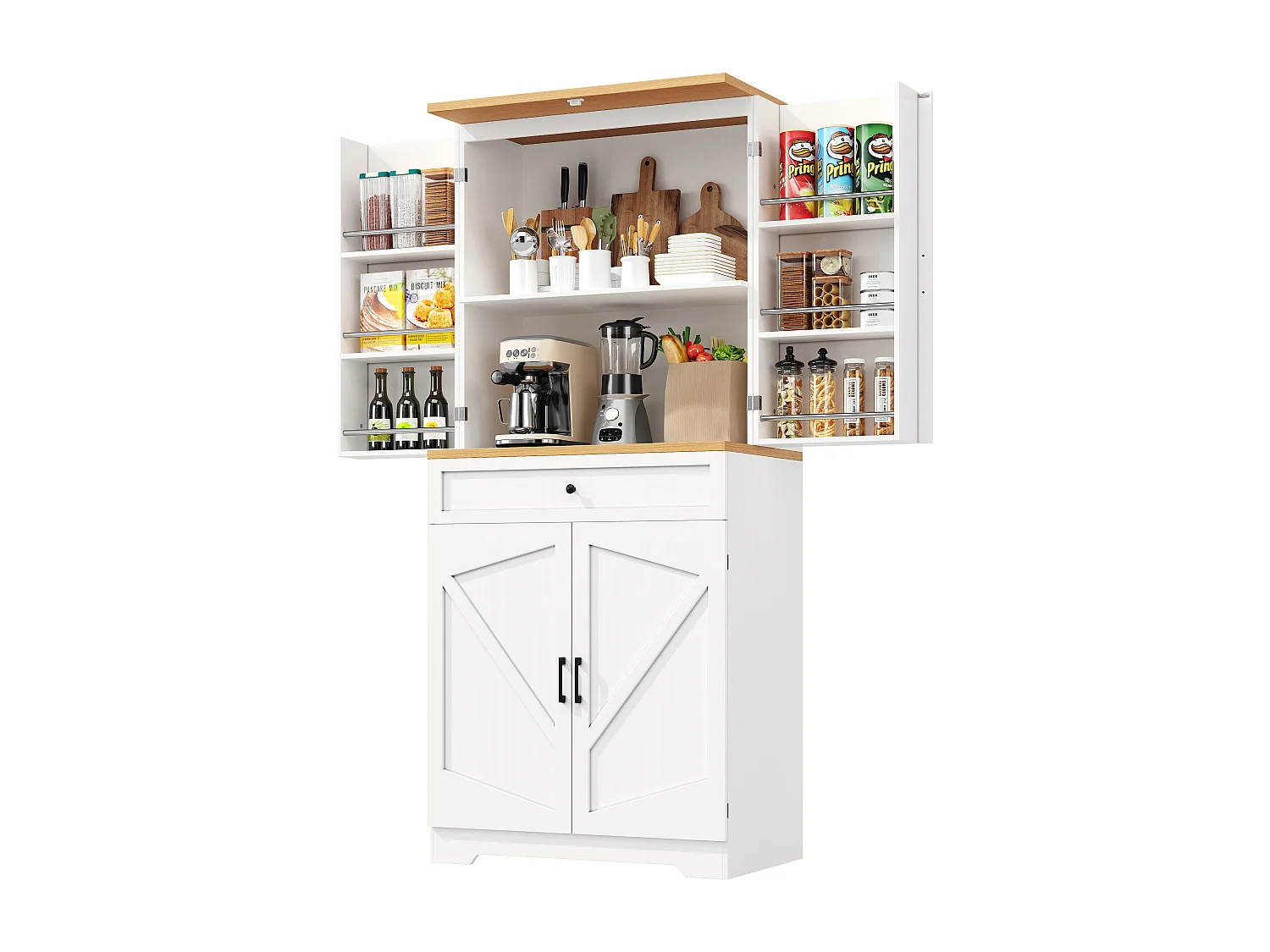 Buffet de cuisine avec 4 portes et tiroir - Blanc et naturel