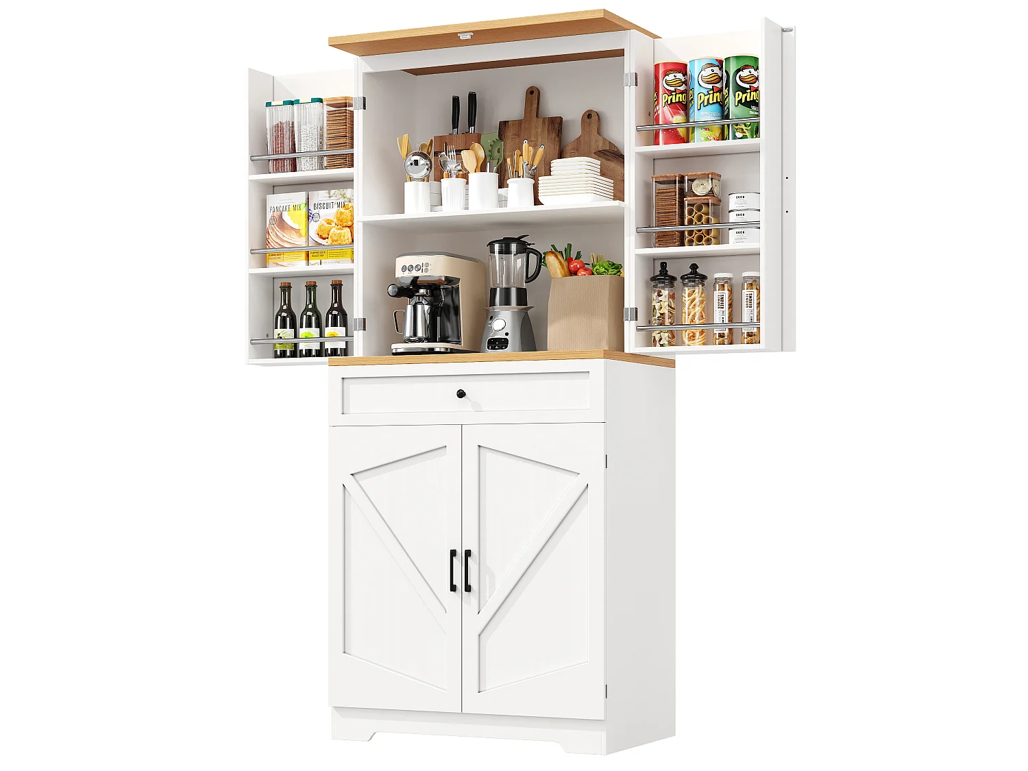 Buffet de cuisine avec 4 portes et tiroir - Blanc et naturel