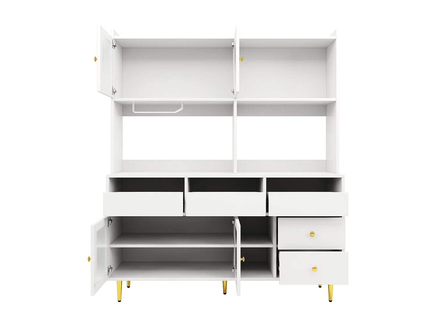 Buffet de cuisine avec 4 portes vitrées et 5 tiroirs, pieds dorés, blanc