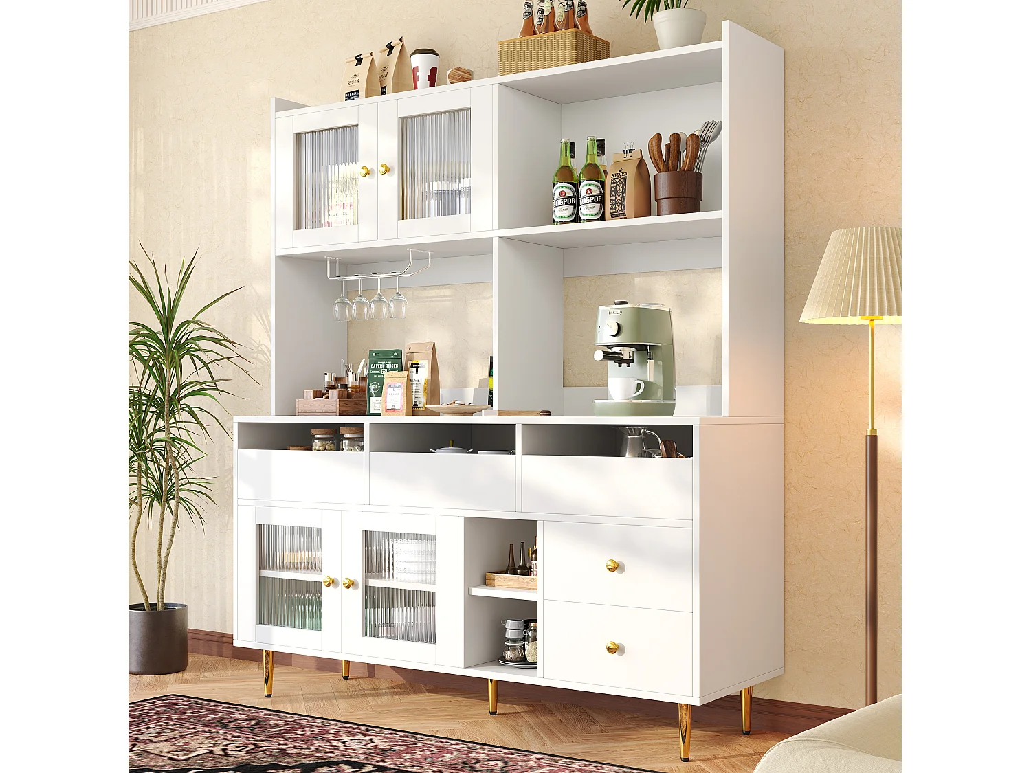 Buffet de cuisine avec 4 portes vitrées et 5 tiroirs, pieds dorés, blanc