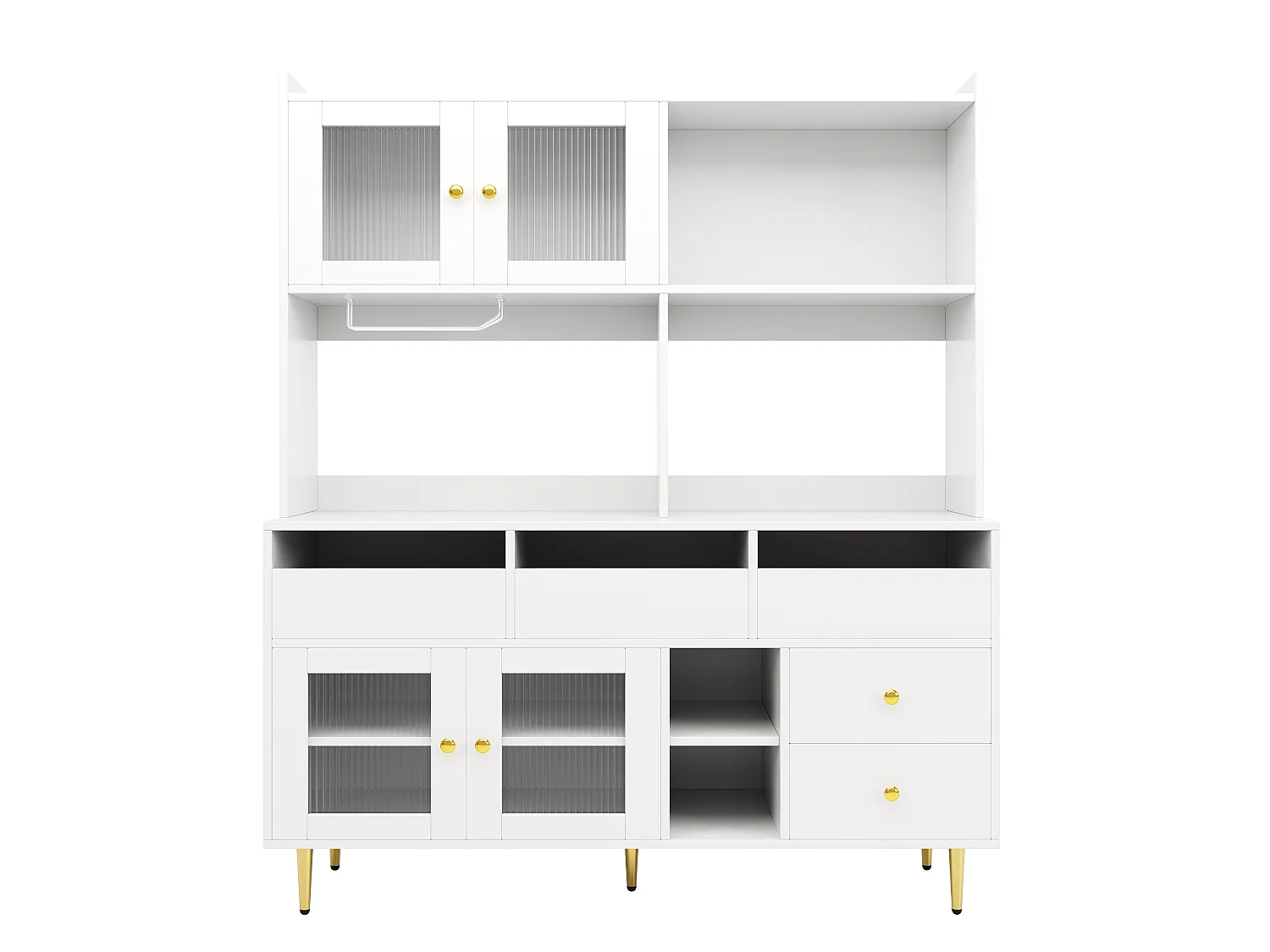 Buffet de cuisine avec 4 portes vitrées et 5 tiroirs, pieds dorés, blanc